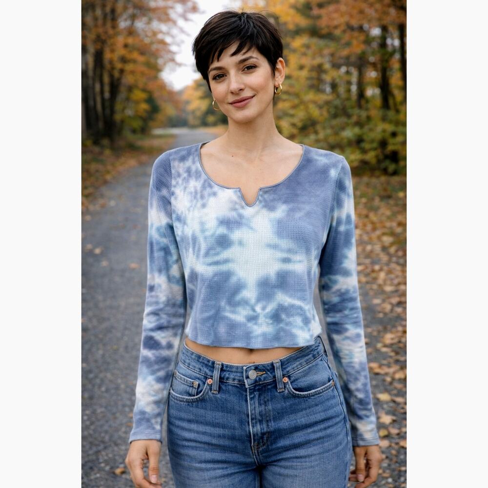All in Favor Tie Dye Waffle Knit Crop Top Grey  XL
